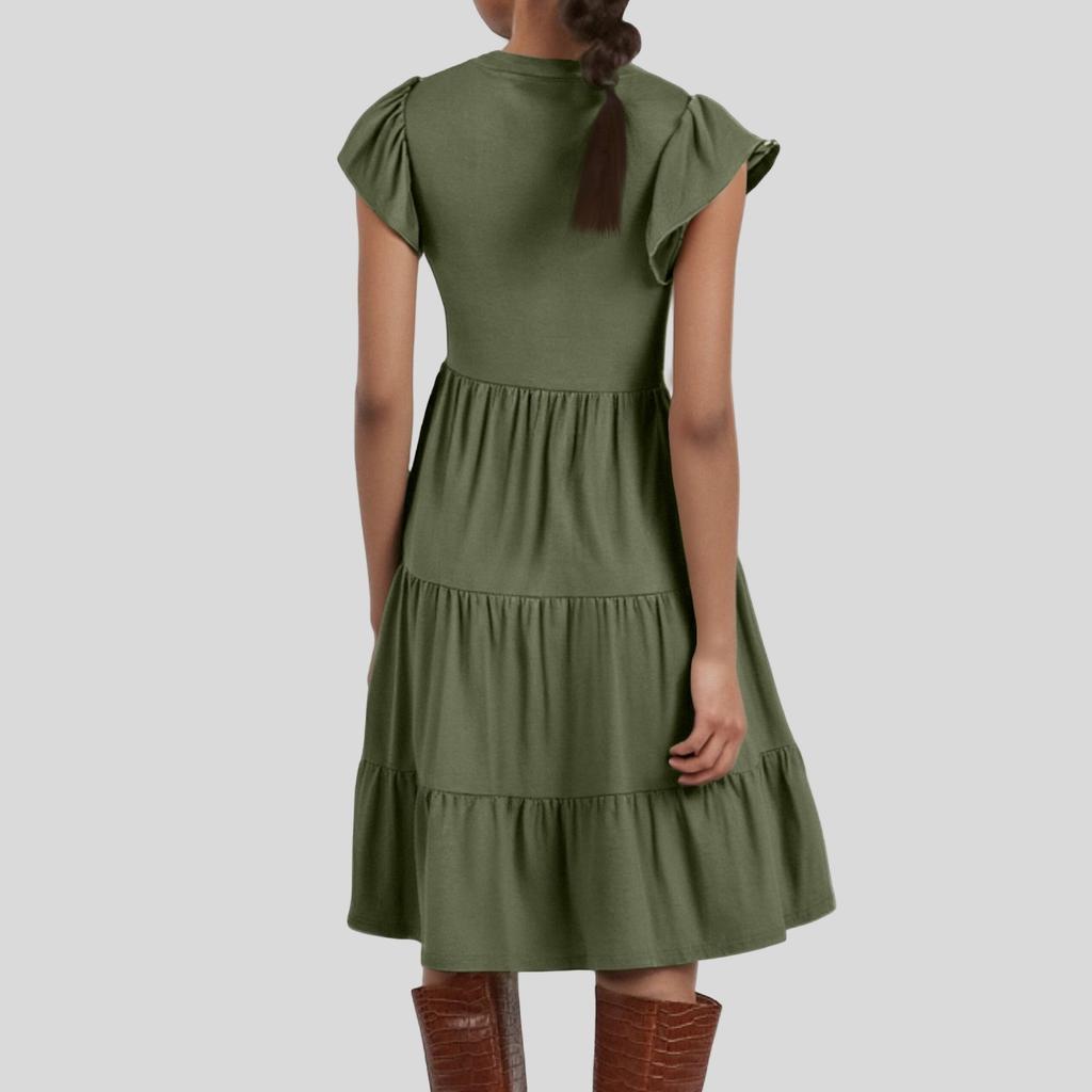 Женские богемные однотонные летние повседневные многослойные платья с v-образным вырезом и рюшами на рукавах