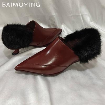 Ботильоны женские меховые с острым носком элегантные туфли на среднем каблуке кожаные туфли 2025 тренд зимняя мода туфли-лодочки дизайнерское платье Botas De Mujer