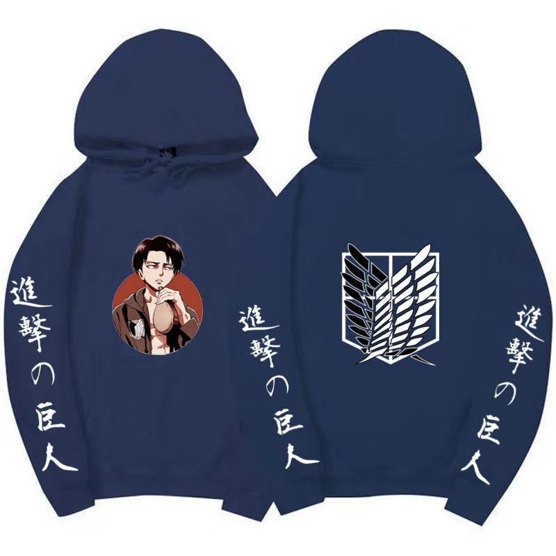 Attack On Titan Levi Ackerman Hoodie Unisex Fleece Sweatshirt, Front Character Print, Back Wings Logo, Japanese Sleeve Text, Autumn Winter Pullover