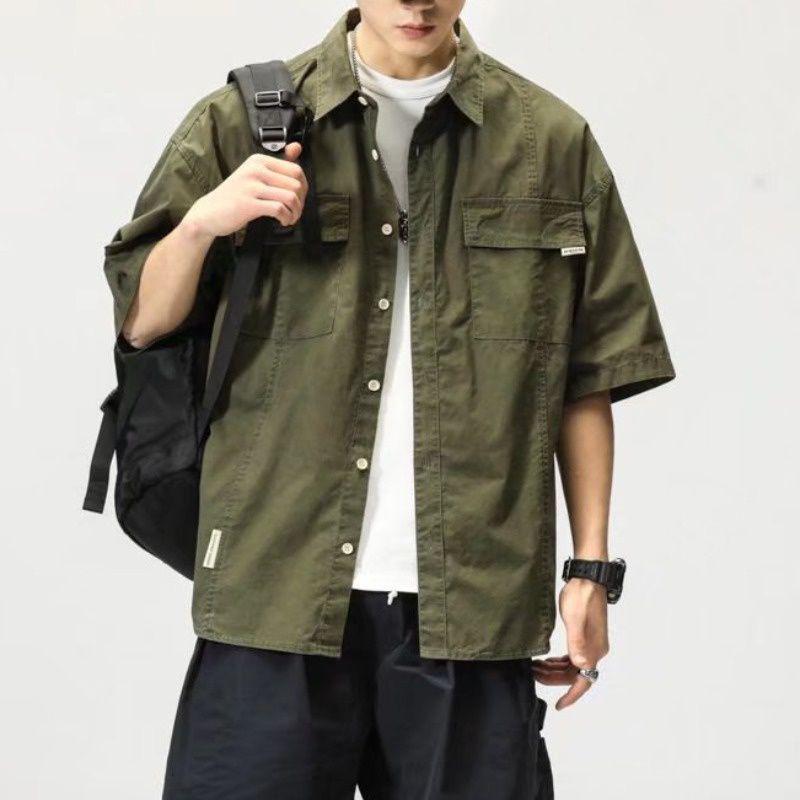 Trendy Korean-Style Men's Military Green Short-Sleeve Workwear Shirt