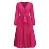 Spring and Autumn Women's Dress Solid Color Long Sleeve Slim Temperament Elegant Pleated Belt V-Neck Dresses