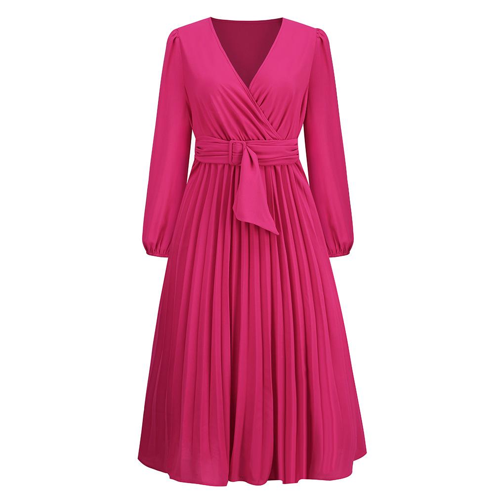 Spring and Autumn Women's Dress Solid Color Long Sleeve Slim Temperament Elegant Pleated Belt V-Neck Dresses