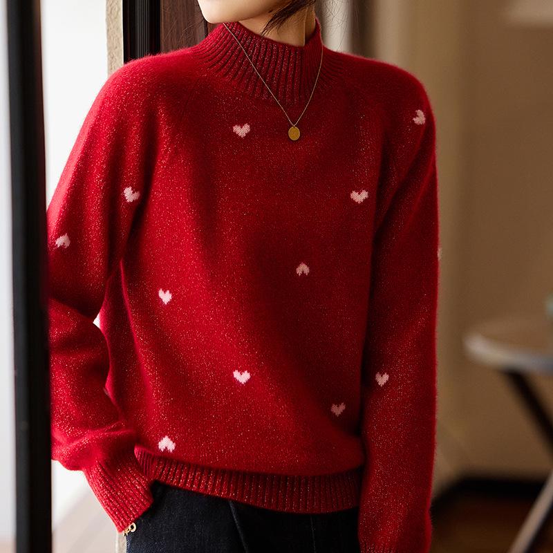 Women's Loose Red 100% Wool Heart Pattern Long Sleeve Knit Pullover