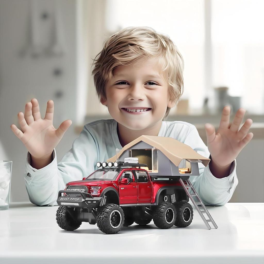 1/24 Ford F150 Raptor Diecast Trucks,  F150 Pickup Truck with Sightseeing Cabin, Pull Back Truck Toys with Light and Sound for Kids Ages 4-8