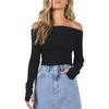 Women Off Shoulder Long Sleeve Ribbed Knitwear Slim Fit Solid Pullover Blouse Tops Casual Fall Crop Tee Tops