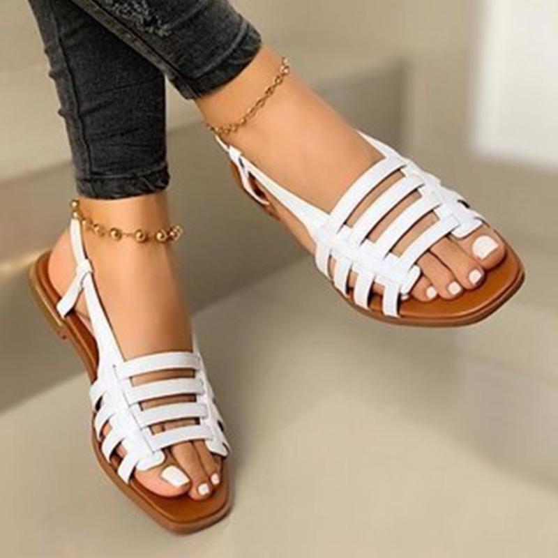 2024 Brand Women's Shoes Slip On Women's Sandals Summer Square Toe Solid Thin Belt Combination Low-heeled Large Size Roman Shoes