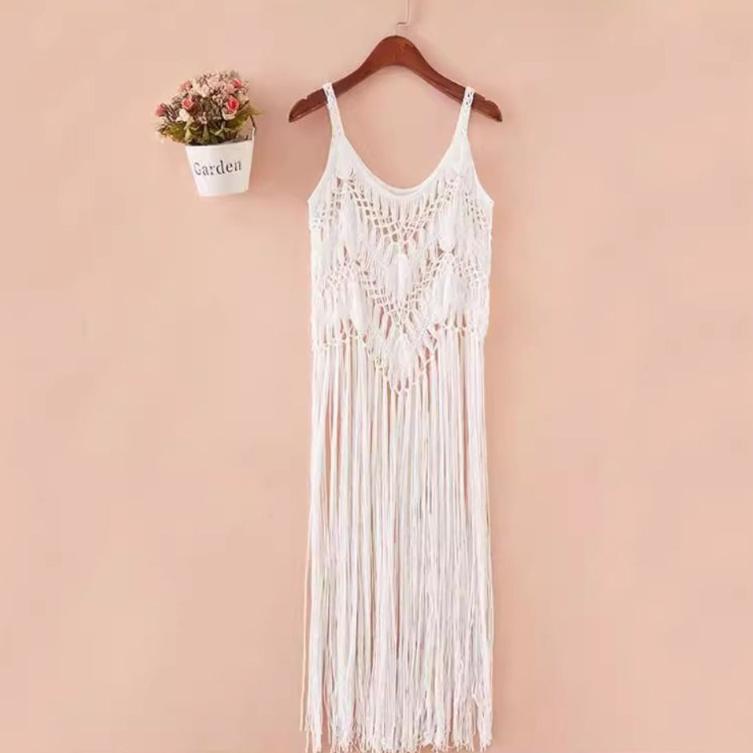 Bohemian Style Knit Gown Solid Color Tassel Vest Elegant Beach Dress Summer