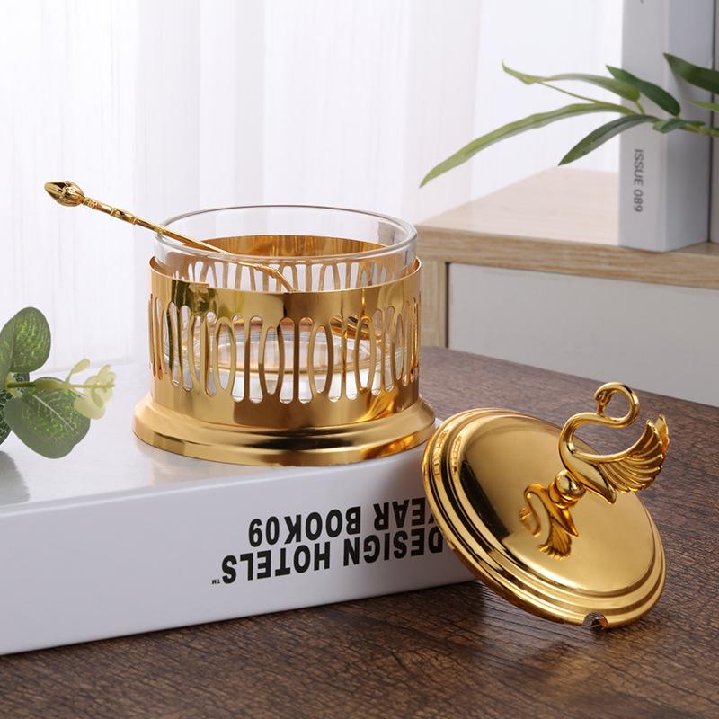 Creative Gold-plated Metal Glass Seasoning Jar Spice Pepper Box Restaurant Sugar Jar Swan Grain Salt Pot Kitchen Storage Utensil