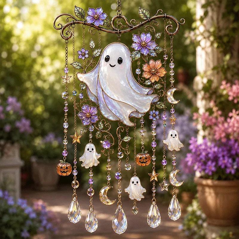 Halloween Suncatcher Wind Chime Hanging Ornament Window Garden Party Decor Spooky Ghost Pumpkin Bat Skull Witch Hat Black Cat Moon