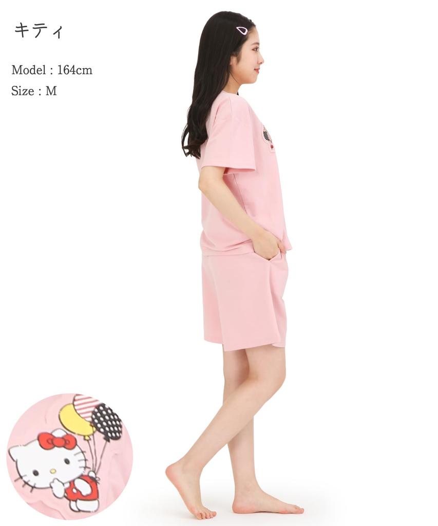 Hello Kitty Room Wear Мини-флисовый комплект из брюк и верха с U-образным вырезом и короткими рукавами, пижама Sanrio [SAZAC] для женщин (Розовый/L/SAN1916)