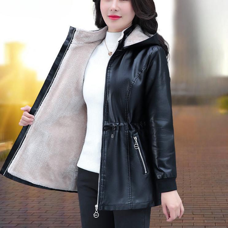 Autumn Winter Women's Fleece Leather Jacket Slim Plus Velvet Hooded Leather Biker Jacket Thick Flocked Leather Coat