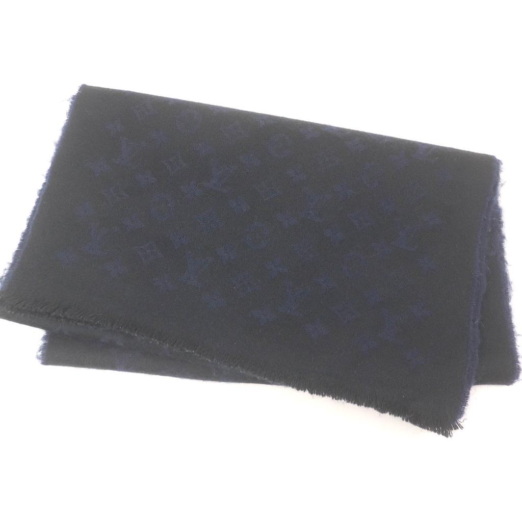 Great LOUIS VUITTON Scarf Monogram all-over Black navy cashmere mens M71615 Used