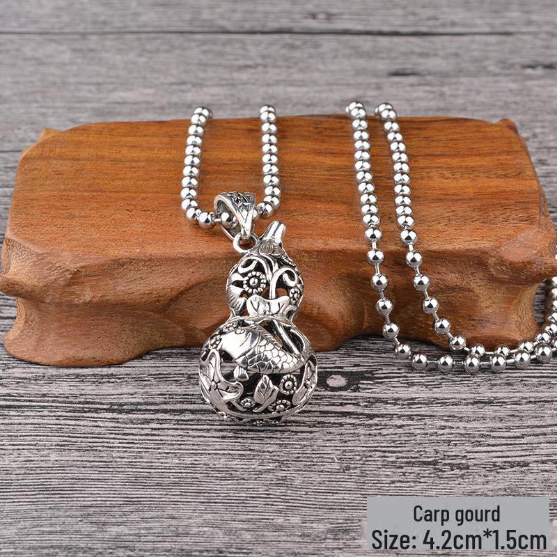 Retro Silver Peace Lock Pendant Necklace - Four-sided Wealth Women's Long Sweater Chain In National Style