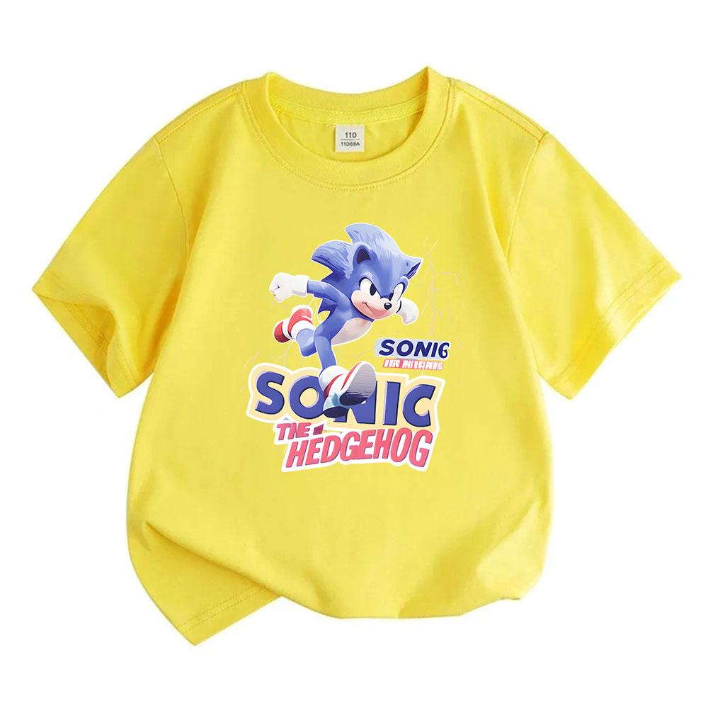 Cute Blue Running Hedgehog Print Kids Unisex Crew Neck Short Sleeve T-Shirt, 100% Cotton Casual Soft Breathable Tees for Boys Girls Daily Wear Summer