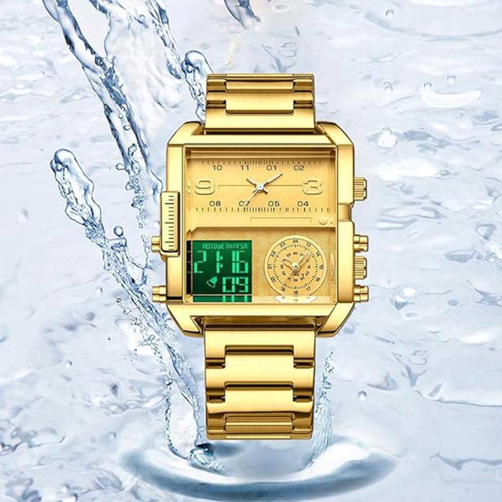 BINBOND Модные квадратные наручные часы с большим циферблатом, кварцевые часы с тремя дисплеями для мужчин, многофункциональные спортивные часы, мужские наручные часы