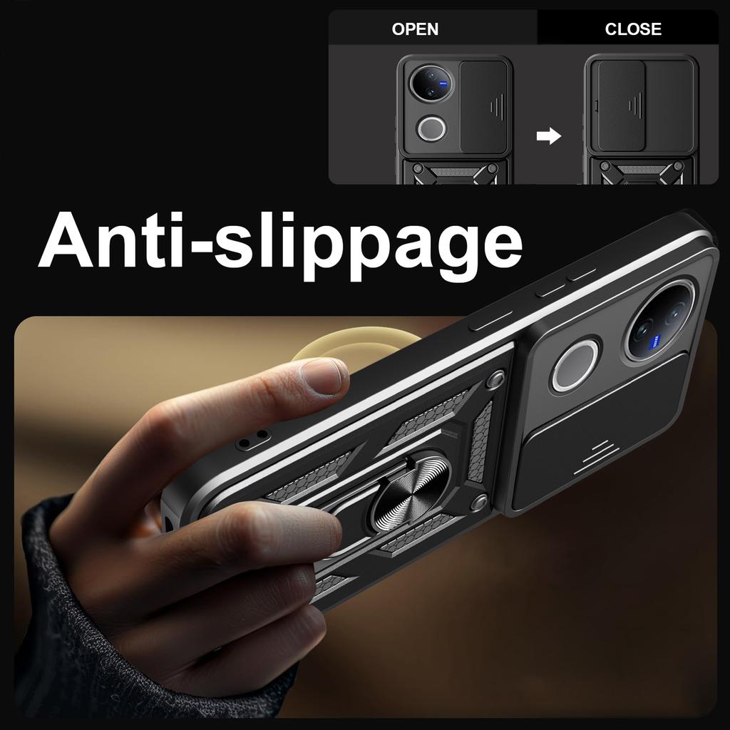 For Vivo V50 5G Case with Slide Camera Lid PC+TPU Kickstand Phone Cover