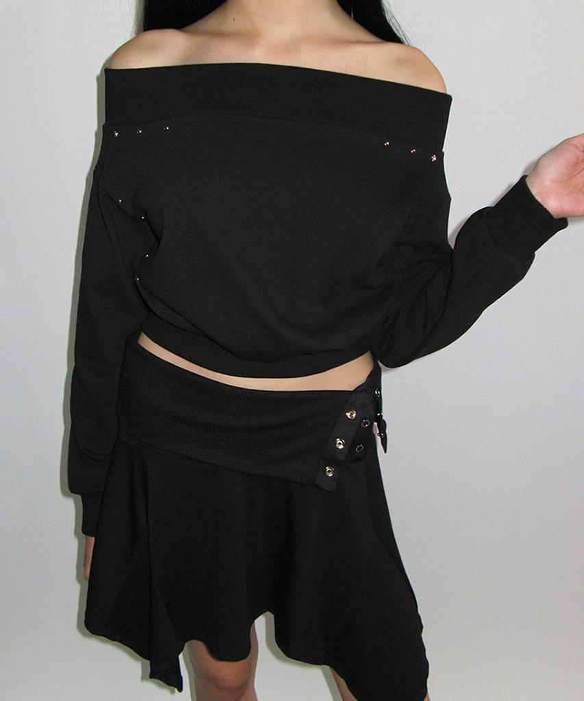 Crank Rollover Snap Flare Skirt_Black