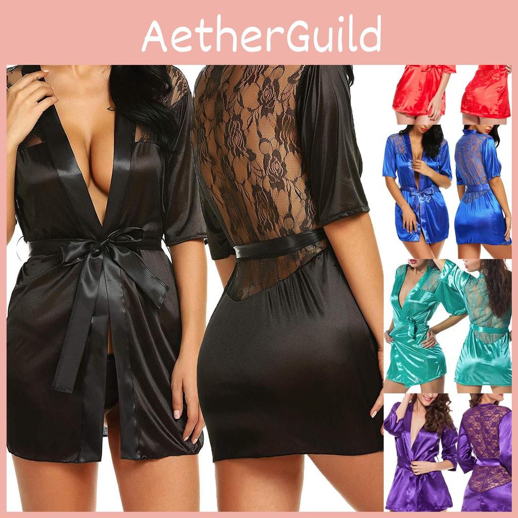 Женское белье Халат Сатин Шелк Кружевная отделка Сексуальный Набор кимоно Халаты Одежда для сна