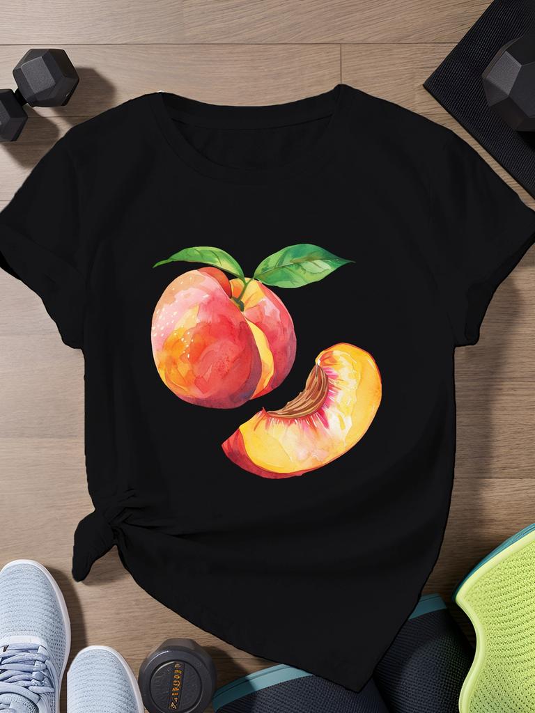 Fresh Peach Print T-shirt Casual Short Sleeved Round Neck Top Comfortable Daily Fashion Women's Summer Plus Size Casual Clothing
