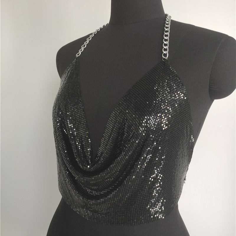 Shining Sequins, Bright Diamonds, Nightclub Style, Sexy, Metal Chain, Neck Hanging V-neck, Backless Top, Tank Top, Sexy Look