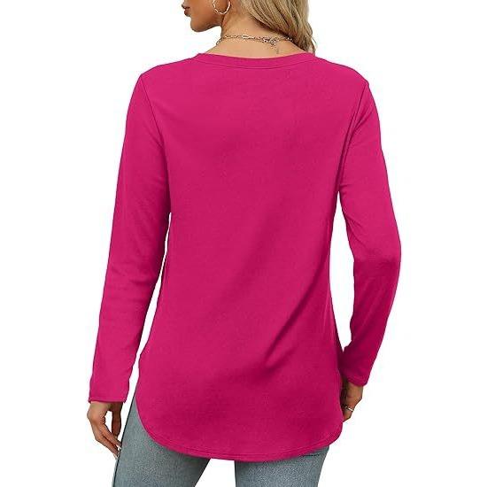 GMXIA Autumn Women's Solid Color Long Sleeve Top Round Neck Loose Casual Base Shirt