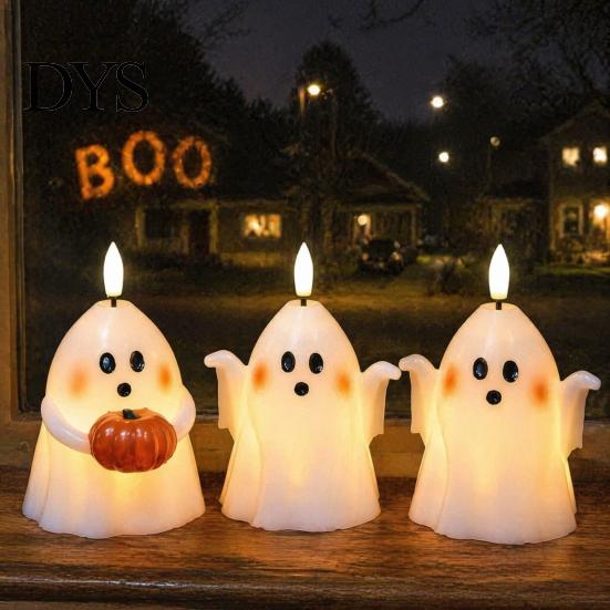 Halloween Ghost Decoration Flameless Candle, Cute Holding BOO Letter Tealight, Small Desk Glow Props Battery Operated LED Flickering Light for
