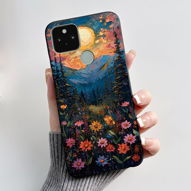 Phone Case For Google Pixel 5 Soft Silicone Black Case Elegant Style Beautiful Pattern Snow Mountain, Hidden Garden Casing
