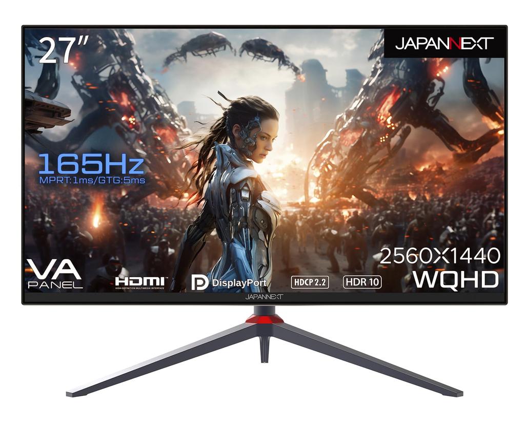 JAPANNEXT Gaming Monitor 165Hz 1ms WQHD 2560x1440 Resolution VA Panel Display Light Angle 27-inch (HDMI/DisplayPort/VESA Compatible/Height