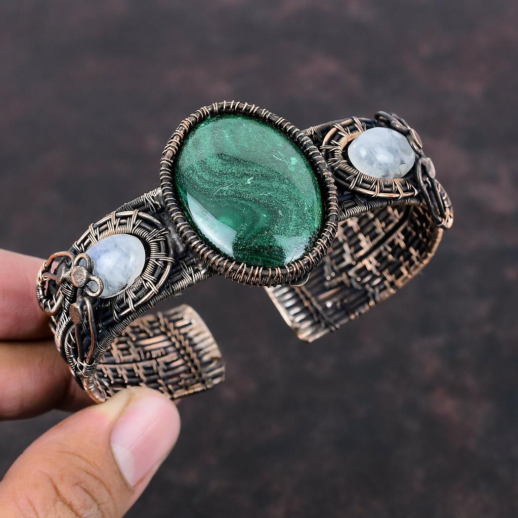 Malachite Gemstone Bangle Copper Wire Wrapped Cuff Bracelet Moonstone Bangle Handmade Adjustable Bangle Copper Wire Wrapped Jewelry For Gift
