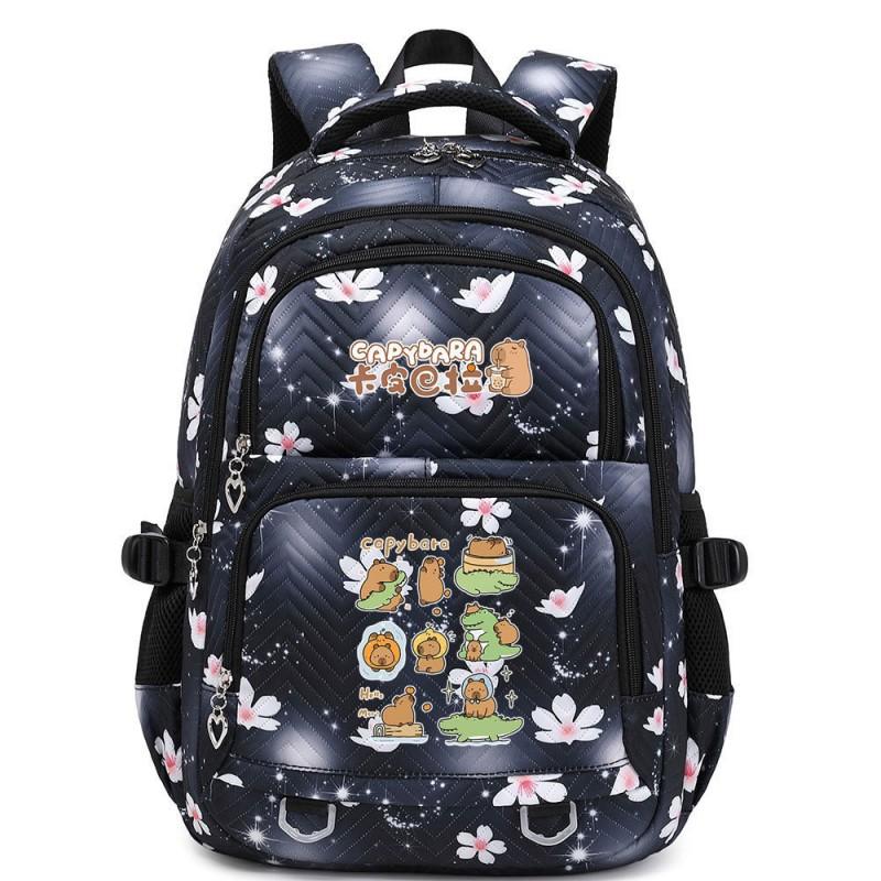 Capybara Print Youth School Backpack Teen Girls Boys Lightweight Multi-Compartment Nylon Bag With Air-Padded Straps