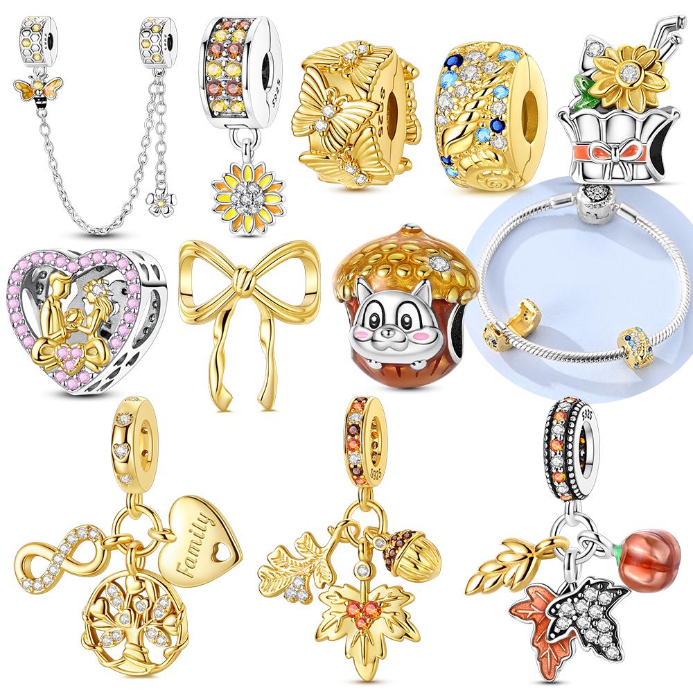 Charms 925 Silver Gold Exquisite Butterfly Pendant Maple Leaf Heart Beads Fit Bracelet Women Jewelry Diy Accessory Gift