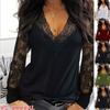 Women's V-neck Lace Long-sleeved Casual T-shirtsexy Clothes Solid Color Black T-shirt