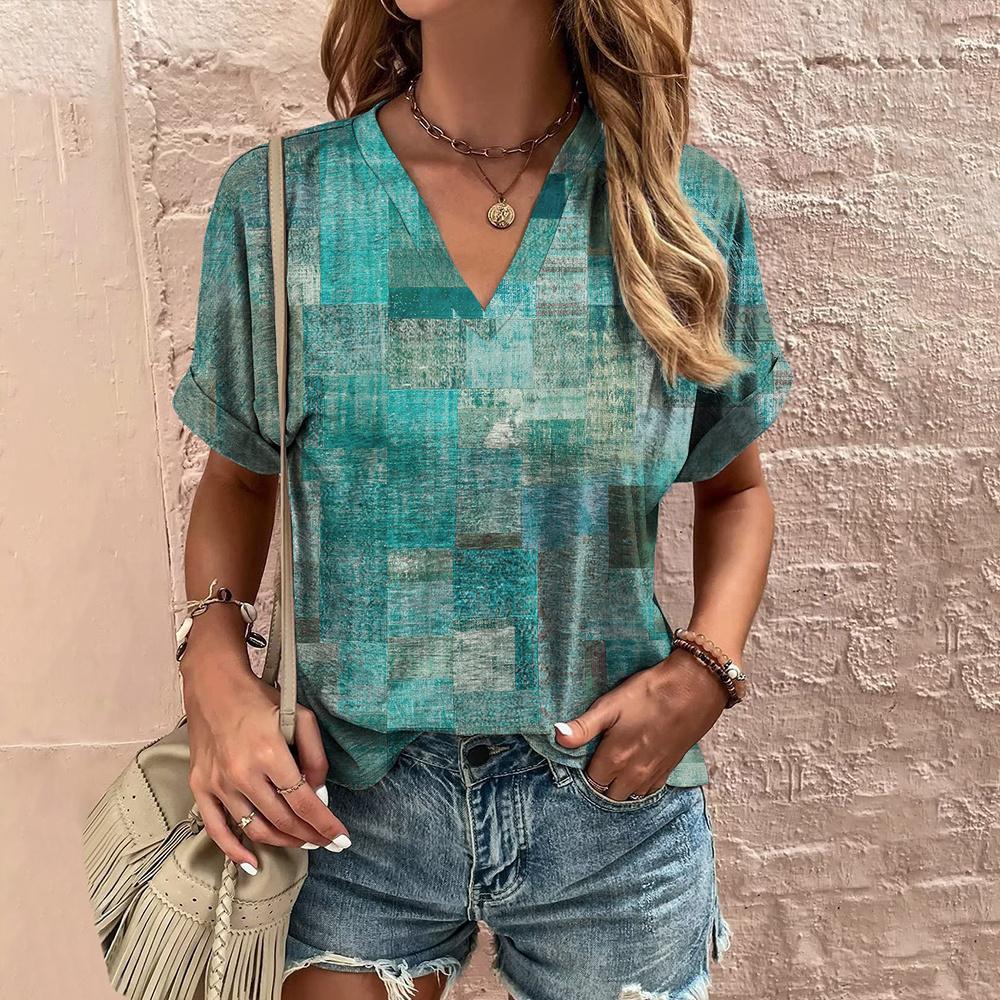 Лоскутная клетчатая женская футболка с геометрическим принтом, v-образным вырезом, короткими рукавами, летние роскошные топы, женские рубашки и блузки большого размера