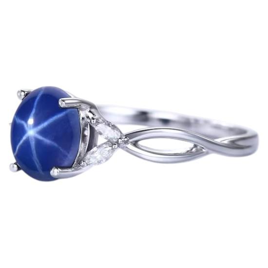 Oval Blue Star Sapphire Ring: Moissanite - Wedding Band - 925 Sterling Silver - Flash Light Star Sapphire - September Birthstone
