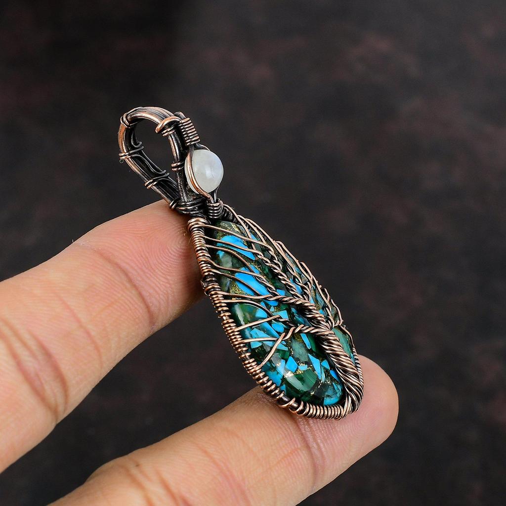 Дерево жизни Медный малахитовый бирюзовый кулон Медная проволока обернутая ювелирные изделия Лунный камень драгоценный камень ювелирные изделия ручной работы Медный кулон подарок для него