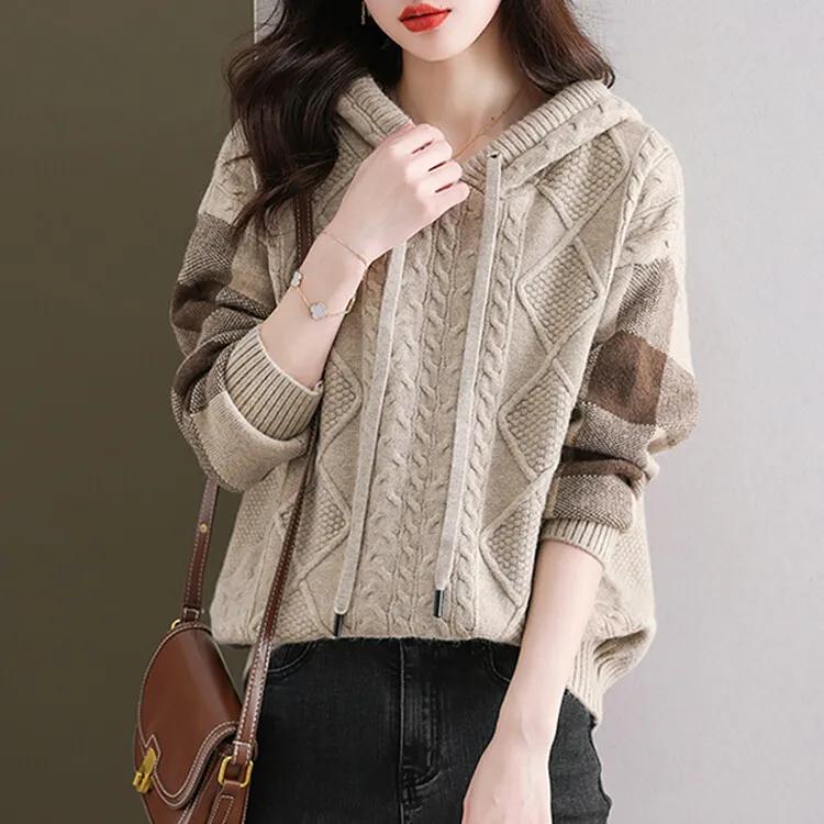 Осенне-зимний трикотажный свитер с капюшоном, женственный, свободный и тонкий, верхняя одежда, свитер с капюшоном