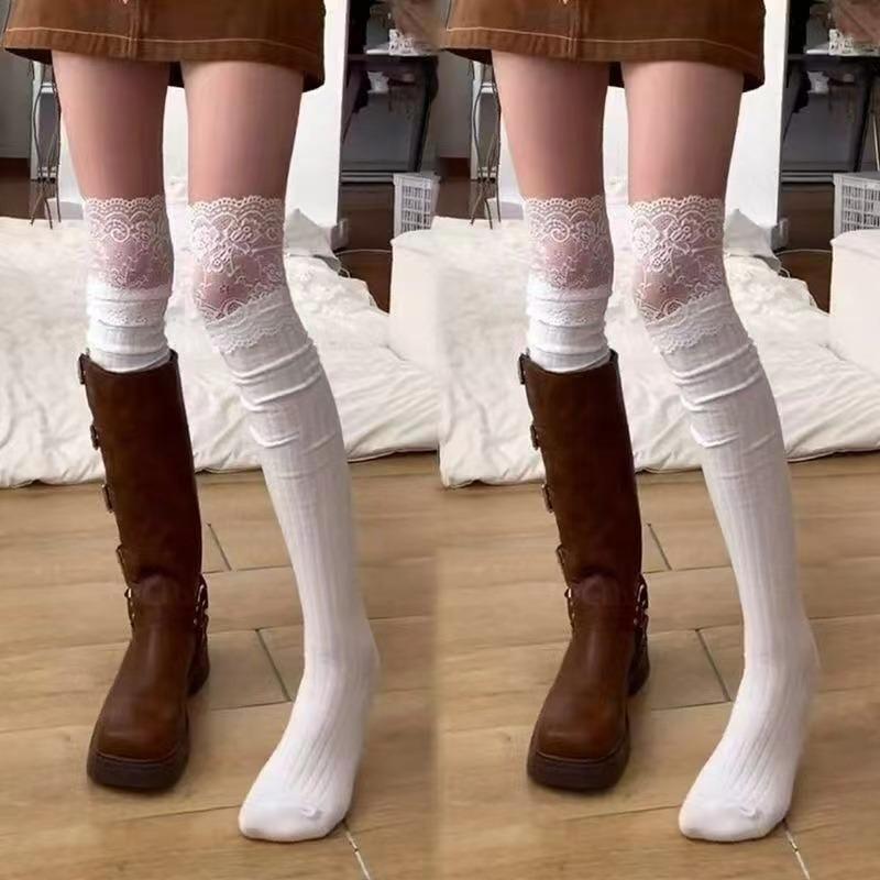 Socks Women Sexy Autumn/Winter Solid Color Thigh High Lace Cute Lolita Thick Warm Stockings Black White Overknee Long Leg Socks