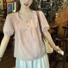 Sweet French Summer Design New Puff Short-sleeved Solid Color Loose Shirt Top