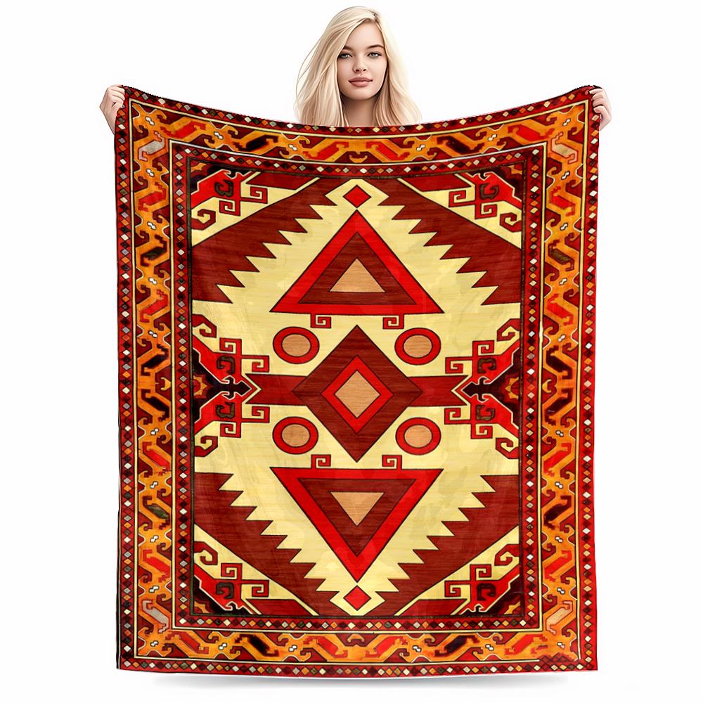 Geometric Boho Tribal-Style blanket, Red and Yellow Ethnic Pattern blanket blanket, suitable for use in the bedroom, living room, on the sofa