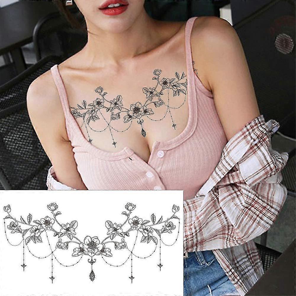 6 Sheets Black Underboob Tattoo For Women, Flower Moon Bowknot Rose Designs Temporary Tattoo Stickers On Chest Waist less