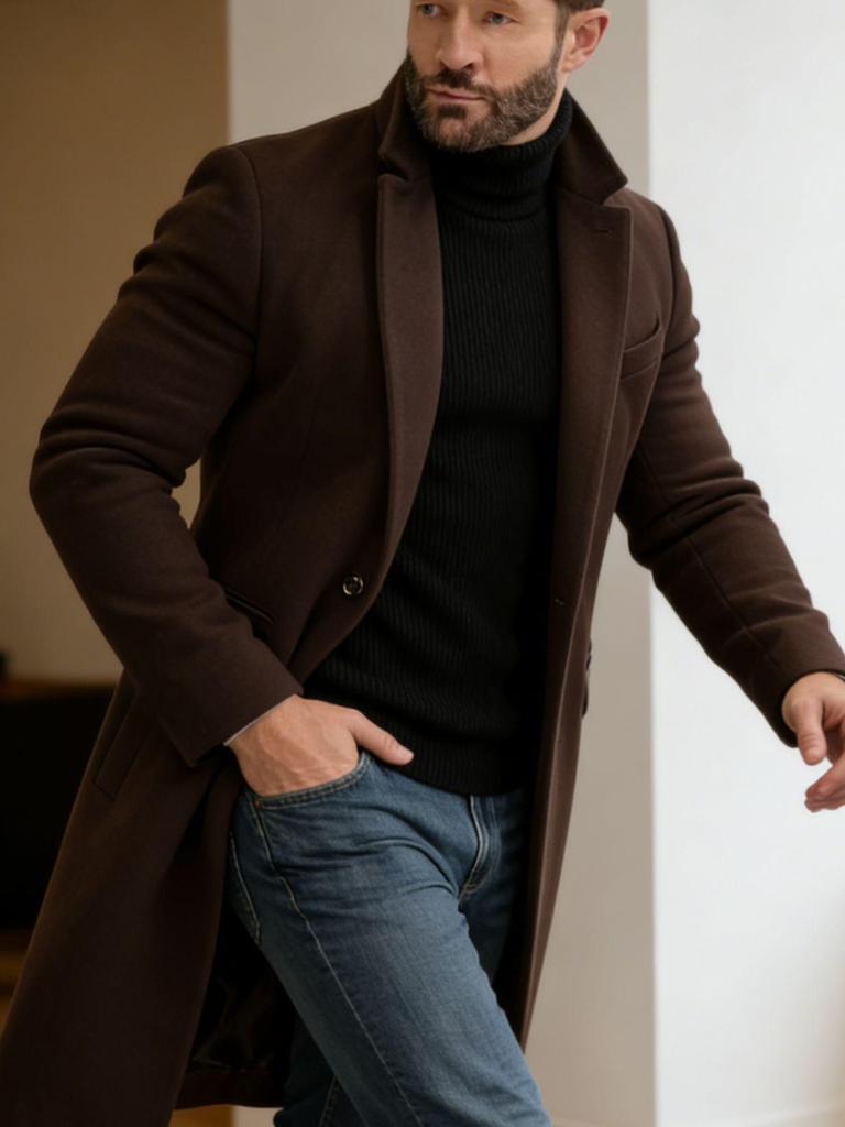 Модное мужское шерстяное пальто средней длины однобортное 2025 года