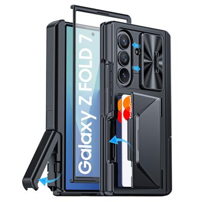 Для Samsung Galaxy Z Fold 7 С держателем для карт, Блокировка RFID, Встроенная выдвижная крышка для объектива и Защита шарнира и Подставка и Защитная пленка для экрана, Чехол-кошелек - Черный