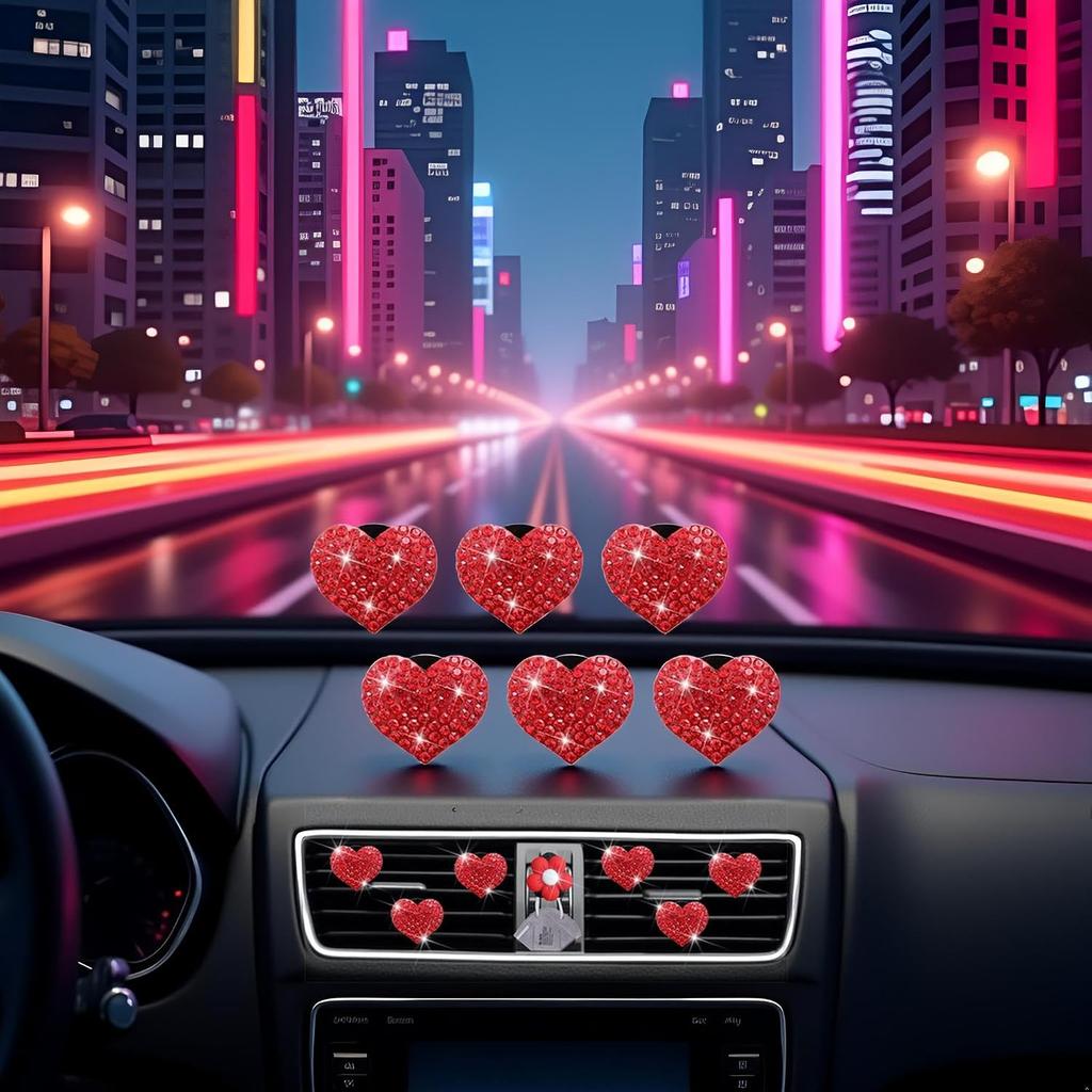 6Pcs Bling Heart Air Vent Clips Red Heart Car Air Fresheners Vents Clips Car Diffuser Diamond Car Interior Decor Charm Decoration Cute Accessories