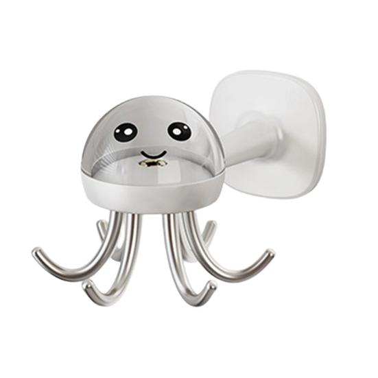 Пластиковая настенная полка-органайзер с прочным клейким креплением, грузоподъемная, в форме мультяшного осьминога, дизайн с шестью крючками, полка для хранения в ванной