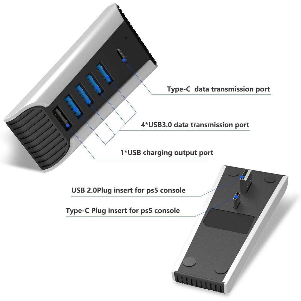 USB C Hub, USB Hub 5 в 1, высокоскоростной адаптер расширения с портами USB3.0 Type C для консоли PS5, поддержка 4 портов вывода данных USB