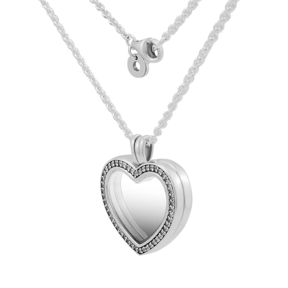 Authentic 925 Sterling Silver Moment Sparkling Floating Heart Locket Pendant Necklaces for Women Silver Necklace Jewelry