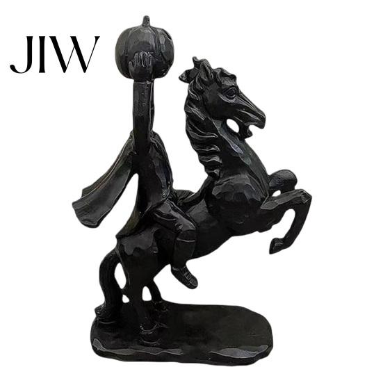 Spooky Holiday Landscaping Headless Horseman Holding Pumpkin Statue, Matte Black Halloween Resin Figurine, Decor Gothic Tabletop for