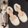 Rhinestone Fuzzy Mary Janes - Women's Autumn/Winter 2025 Chunky Heel Closed-Toe Sandals
