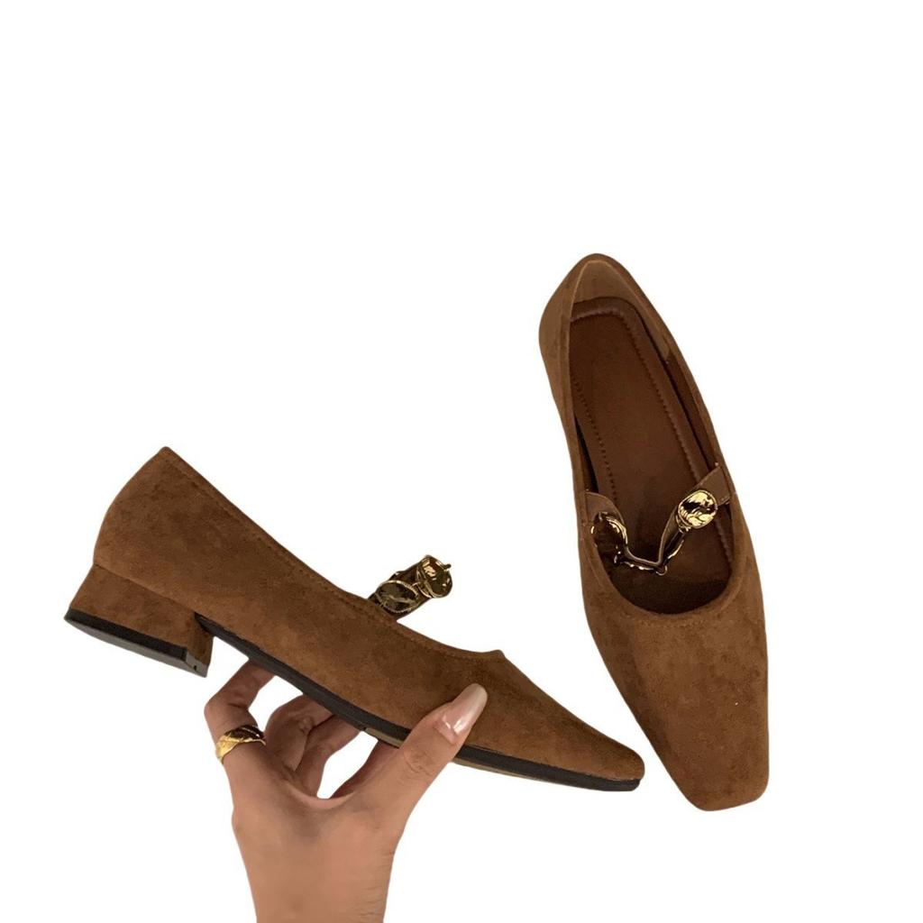 Thick Heel Retro Suede Single Shoes Women's Shoes 2025 New Spring and Autumn French Red Square Head Mary Jane Evening Shoes