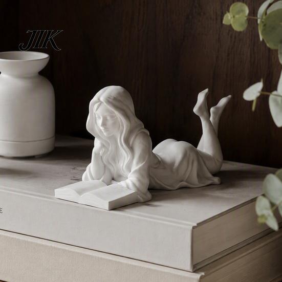 Small Statue for Bookshelves Reading Girl Figurine, 3D Printed Lying on Her Stomach Desktop Ornament Home Office Sculpture, Elegant Woman Desk